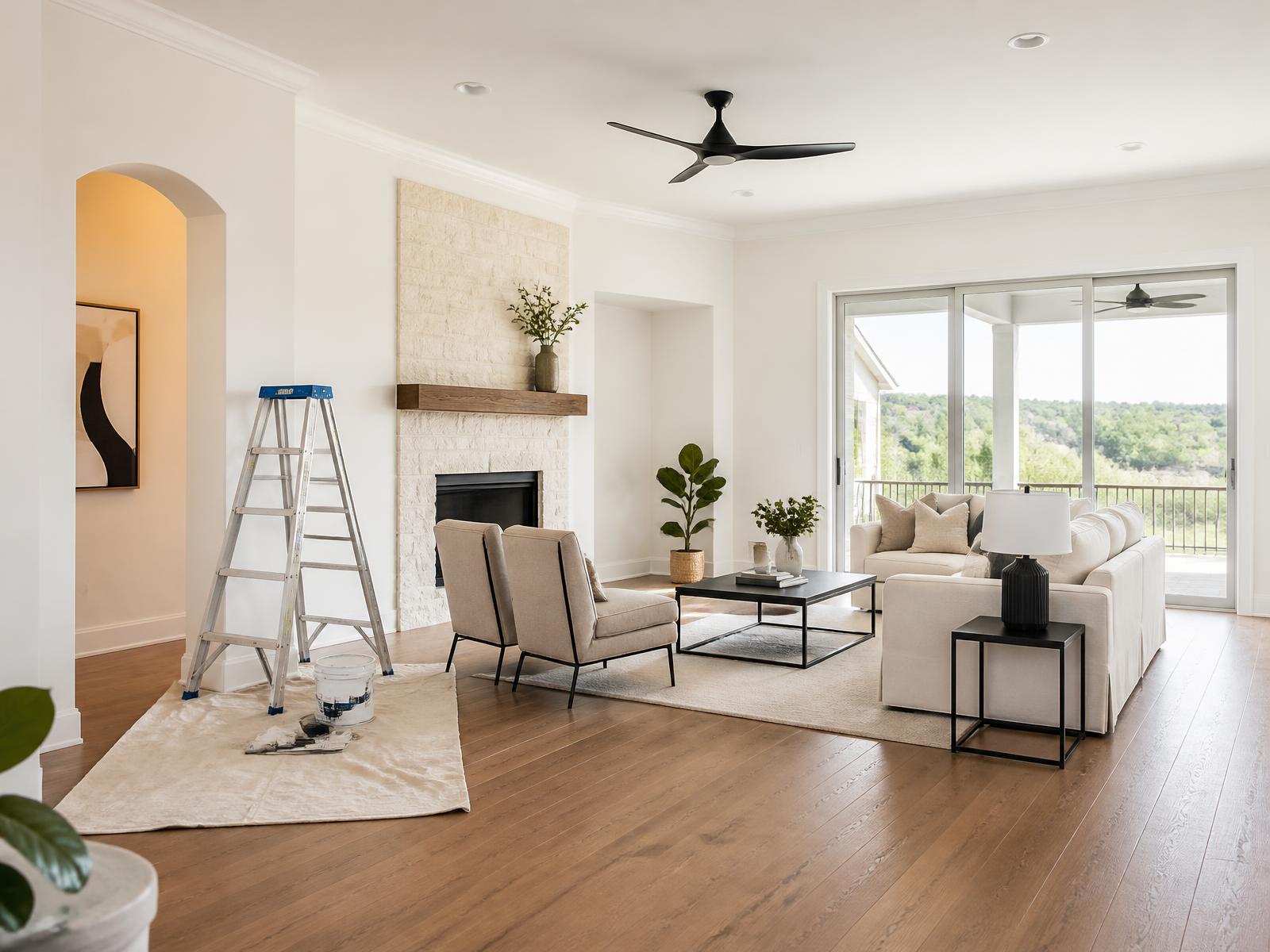 Freshly painted living room with white walls and crisp trim in a San Antonio home